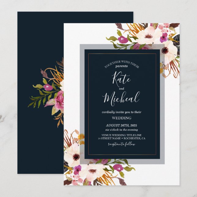 Invitation Marine Bleu Bourgogne Or Blush Mariage campagnard  (Devant / Derrière)