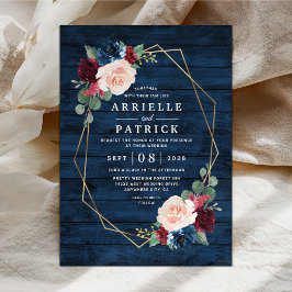 Invitation Marine Bleu Bourgogne Or Blush Mariage campagnard 