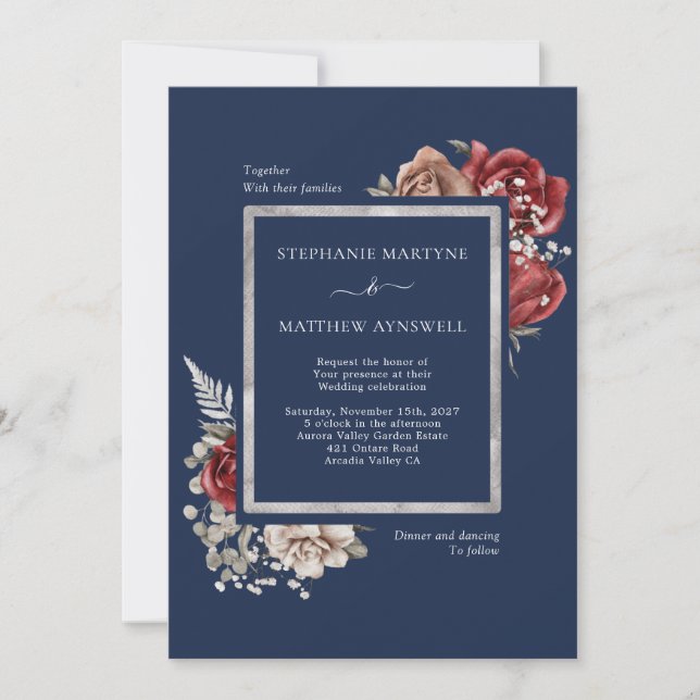 Invitation Marine Bleu Bourgogne Rouge Rose Mariage botanique (Devant)