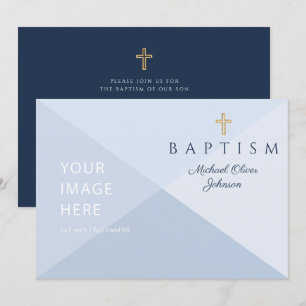 Invitation Marine Bleu Croix religieuse Boy Baptême Image per