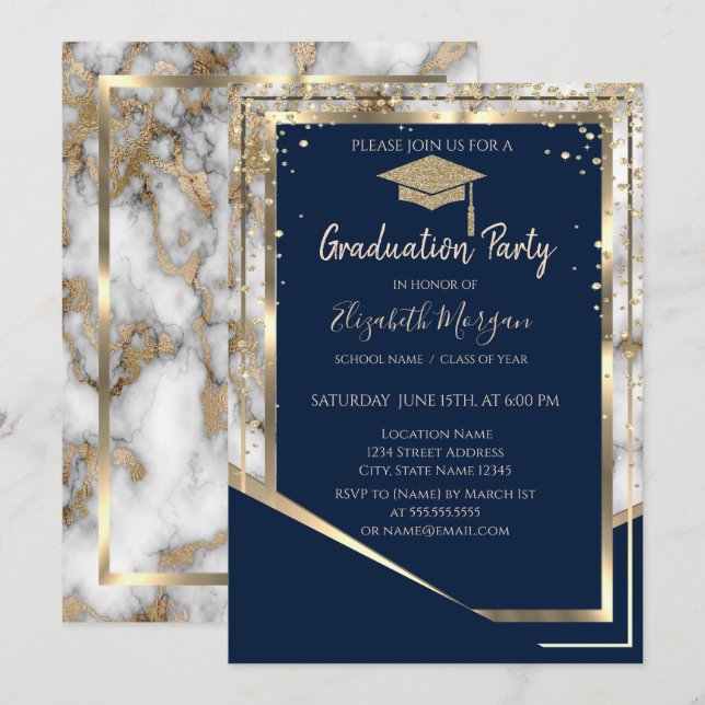 Invitation Marine Bleu Diamants Or Casquette marbre gradué (Devant / Derrière)