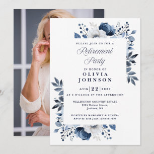 Invitation Marine Bleu élégant Floral Retraite Party Photo