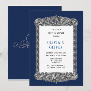 Invitation Marine Bleu et Argent Cadre Royal Couples Douche