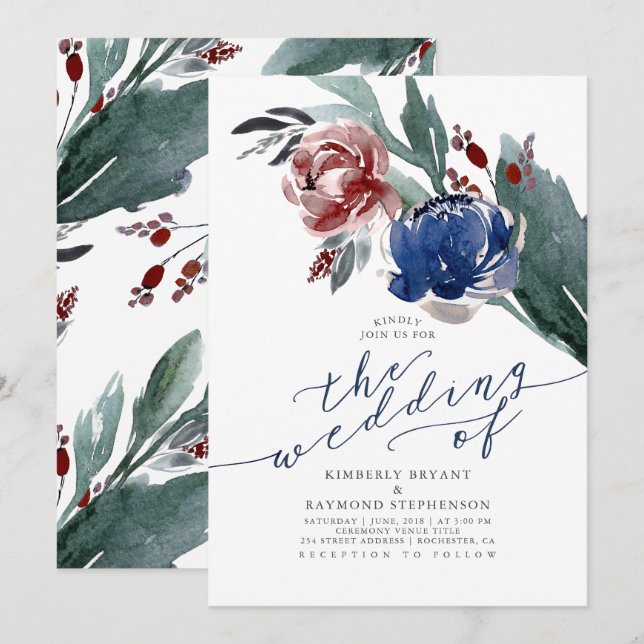 Invitation Marine bleu et Bourgogne rouge Floral moderne Mari (Devant / Derrière)