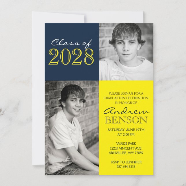 Invitation Marine Bleu et Jaune Classique 2 Photo Graduation (Devant)