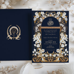 Invitation Marine bleu et or antique Floral Mariage islamique