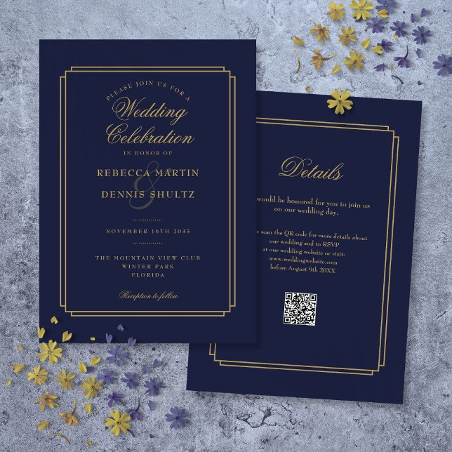 Invitation Marine Bleu et or Script QR Code Art Déco Mariage (Navy Blue and Gold Script QR Code Art Deco Wedding Invitation)