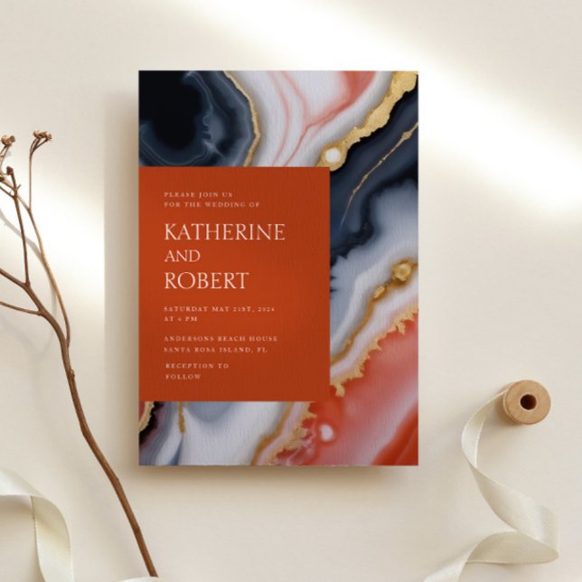 Invitation Marine Bleu Et Orange Agate Mariage Moderne (Créateur téléchargé)