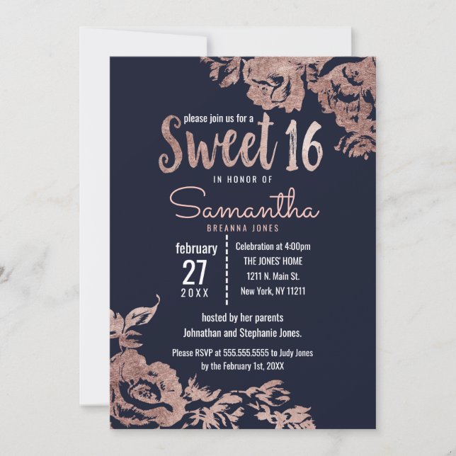 Invitation Marine Bleu et Rose or Floral Sweet 16 (Devant)