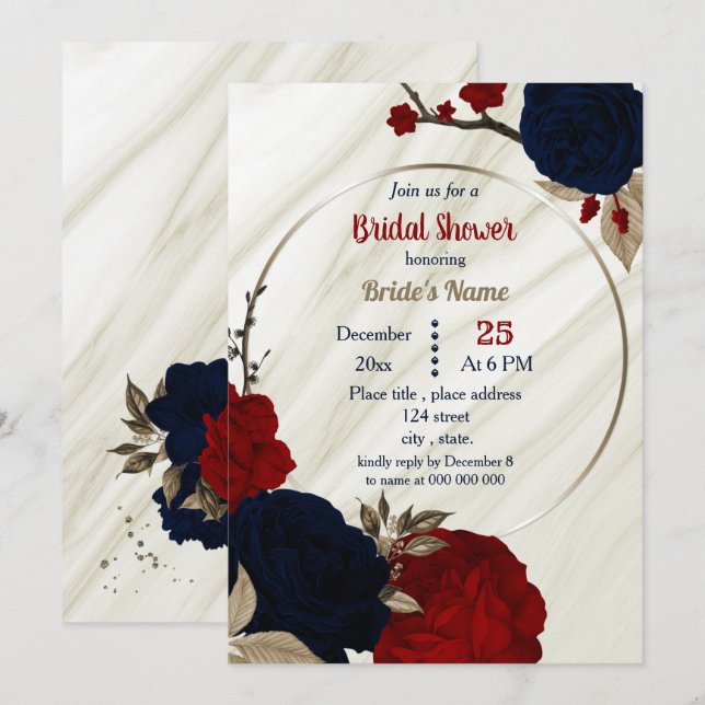 Invitation marine bleu et rouge floral géométrique douche nup (Devant / Derrière)