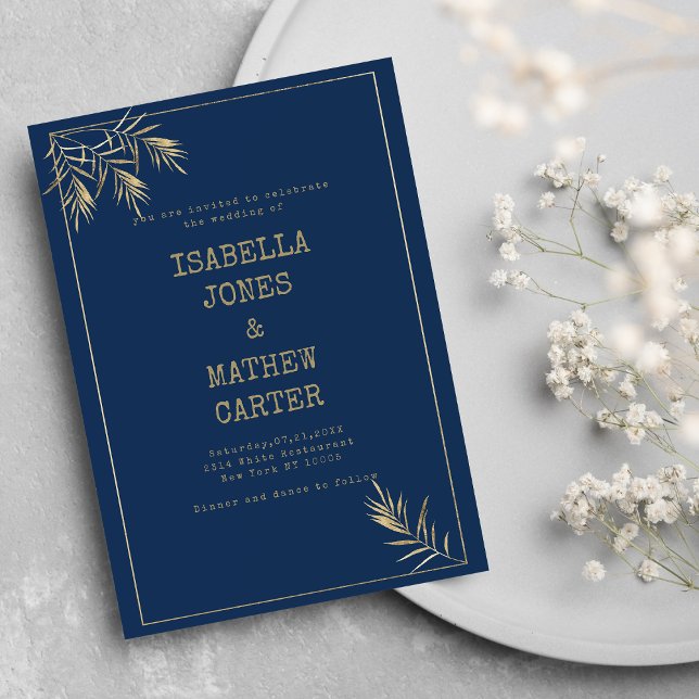 Invitation Marine bleu feuille d'or machine à écrire police t (Navy blue gold leaf typewriter font theme Wedding)