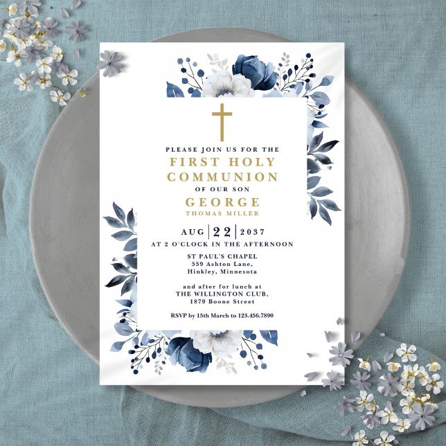Invitation Marine Bleu Floral Botanique Première Sainte Commu (Navy Blue Floral Botanical First Holy Communion Invitation)