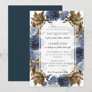 Invitation Marine Bleu Floral Élégant Mariage de feuillage d'