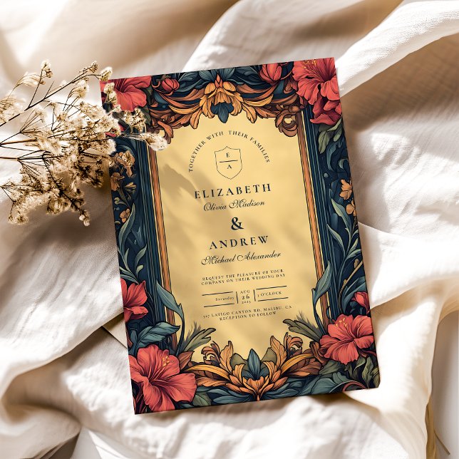 Invitation Marine bleu Floral Mariage Art Nouveau (Créateur téléchargé)