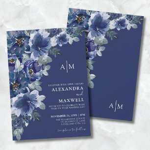 Invitation Marine Bleu foncé élégant Mariage floral moderne m