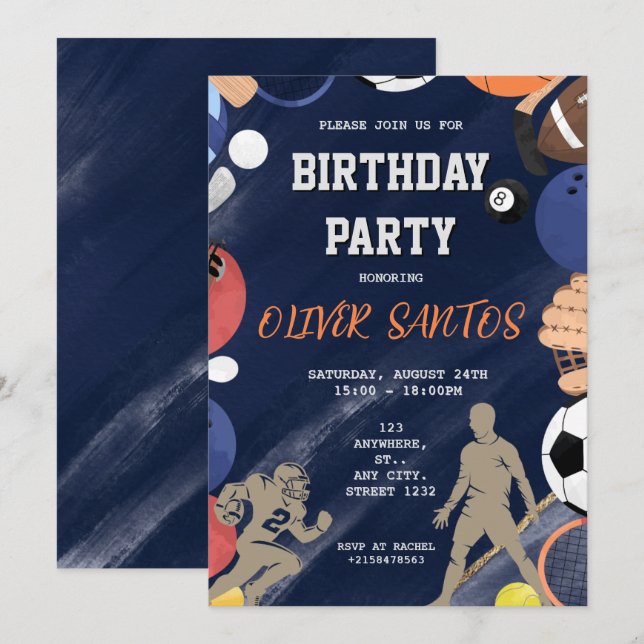 Invitation Marine bleu garçons sport anniversaire (Devant / Derrière)