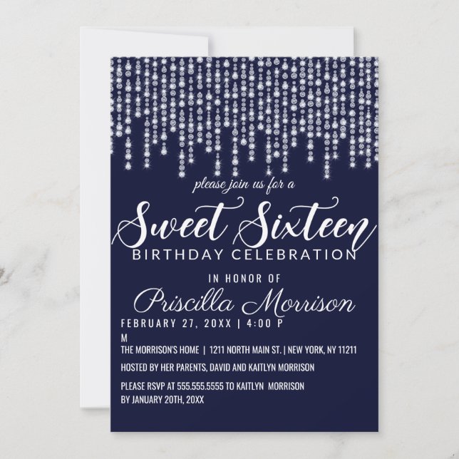 Invitation Marine Bleu Hanging Diamond Lights Sweet 16 (Devant)