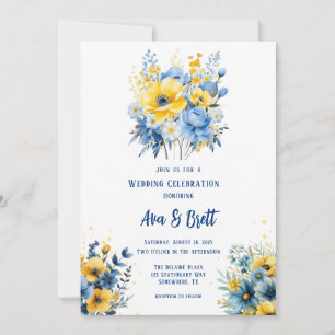 Invitation Marine bleu Jaune Peint Floral Mariage or