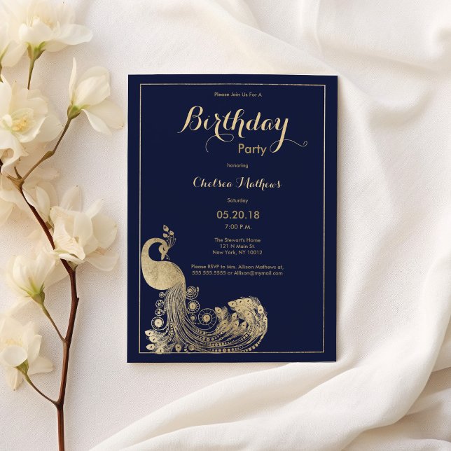Invitation Marine bleu luxe or royal paon fête d'anniversaire (Navy blue luxury gold royal peacock Birthday Party)