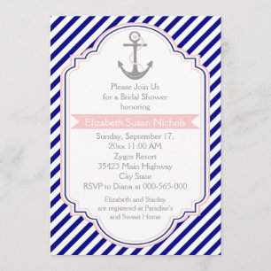 Invitation Marine bleu, mariage nautique rose douche nuptiale