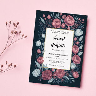 Invitation Marine bleu mauve rose floral pays chic Mariage