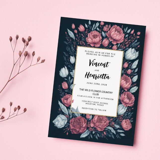 Invitation Marine bleu mauve rose floral pays chic Mariage (Navy blue mauve pink floral country chic Wedding )