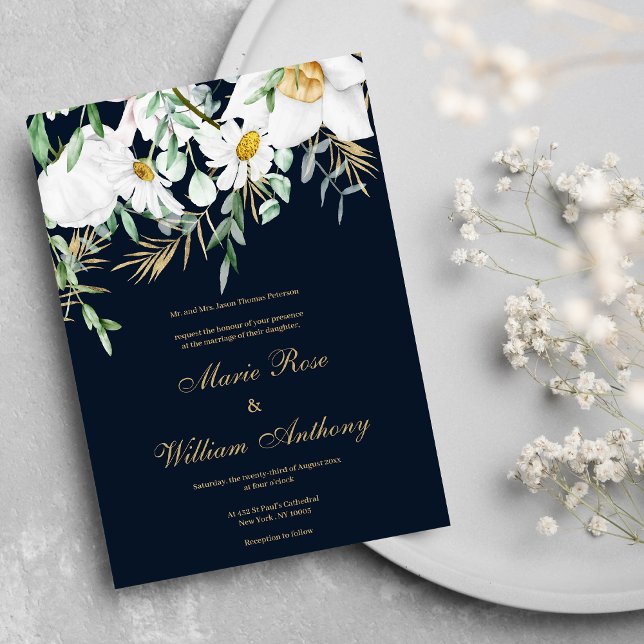 Invitation Marine bleu menthe blanc or marguerites Mariage fl (Navy blue mint white gold daisies floral Wedding Invitation )