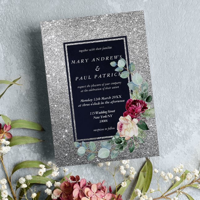 Invitation Marine bleu menthe rose argent parties scintillant (Navy blue pink mint silver glitter floral Wedding )