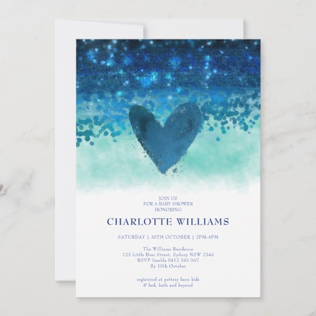 Invitation Marine Bleu mignon Coeur Aquarelle bébé garçon dou (Devant)