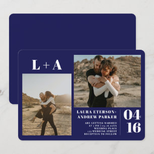 Invitation Marine bleu minimaliste initiales 2 photos mariage
