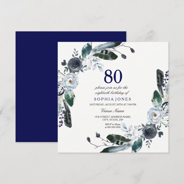 Invitation Marine Bleu noir blanc Flore 80e anniversaire Invi (Devant / Derrière)