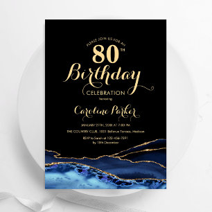 Invitation Marine Bleu Noir Or Agate Marbre 80e anniversaire