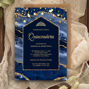 Invitation Marine Bleu Or Agate Marbre Arche Quinceanera