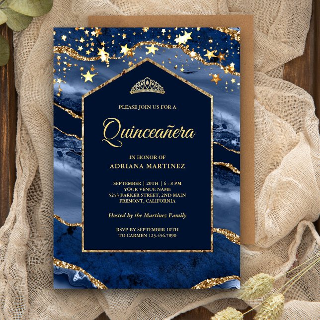 Invitation Marine Bleu Or Agate Marbre Arche Quinceanera (Créateur téléchargé)