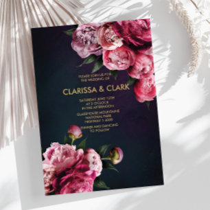 Invitation Marine Bleu & Or Avec Peonés Romantiques