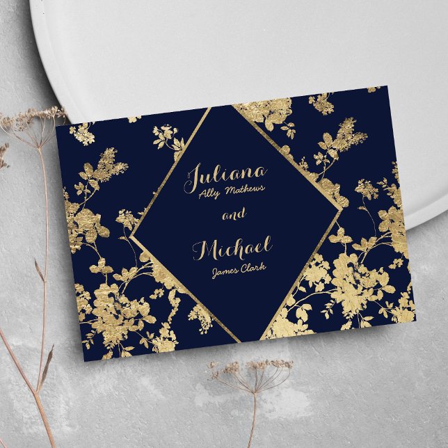 Invitation Marine bleu or dentelle florale luxe RSVP Invitati (Navy blue gold lace floral luxury RSVP )