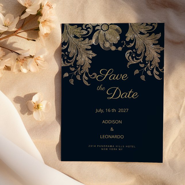 Invitation Marine bleu or dentelle luxe floral Enregistrer la (Navy blue gold lace floral luxury Save the Date )