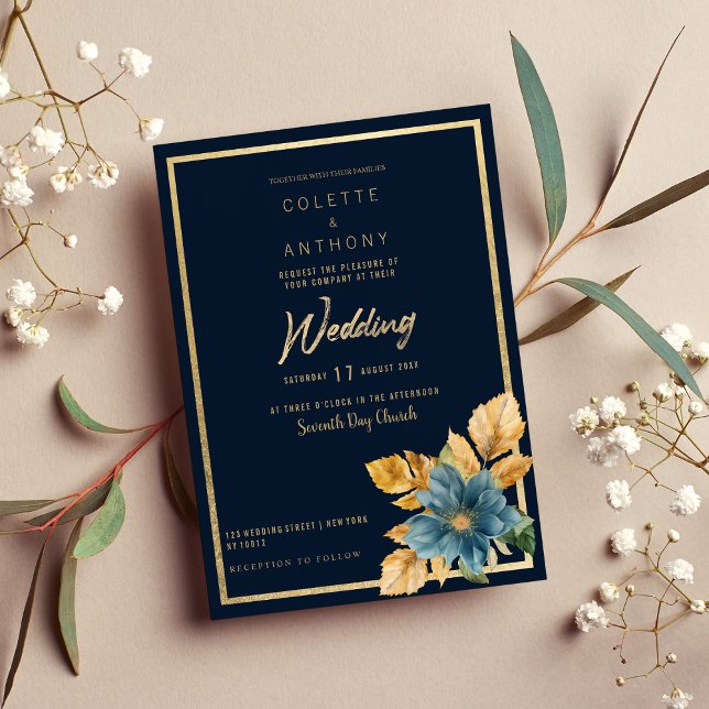 Invitation Marine bleu or vert élégant cadre floral Mariage (Navy blue gold green elegant floral frame Wedding )