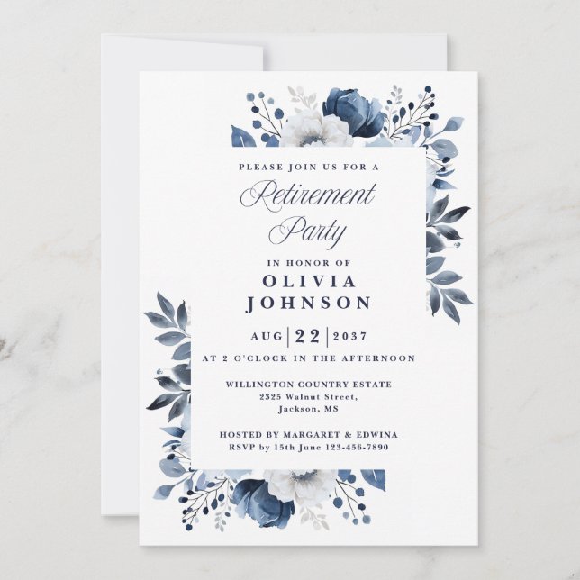Invitation Marine Bleu Pays Élégant Floral Retraite Party (Devant)