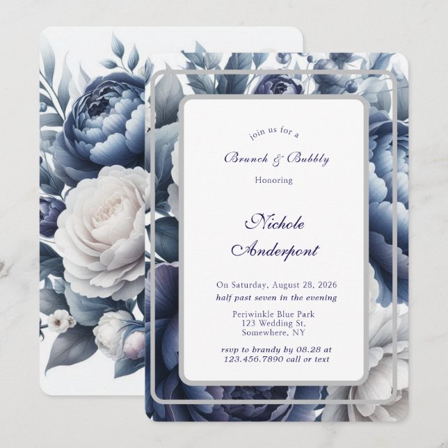 Invitation Marine Bleu pivoines Roses blanches Brunch et bull (Devant / Derrière)