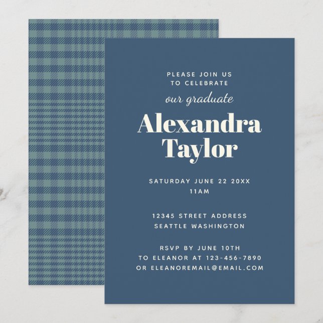 Invitation Marine Bleu Plaid Masculine Man Graduation Party (Devant / Derrière)