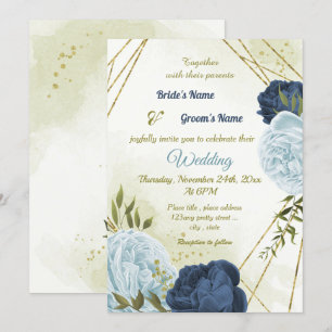 Invitation marine bleu poussiéreux fleurs vert feuille mariag