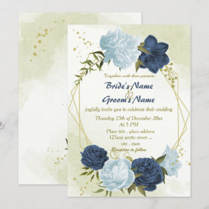 Invitation marine bleu poussiéreux fleurs vert feuille mariag