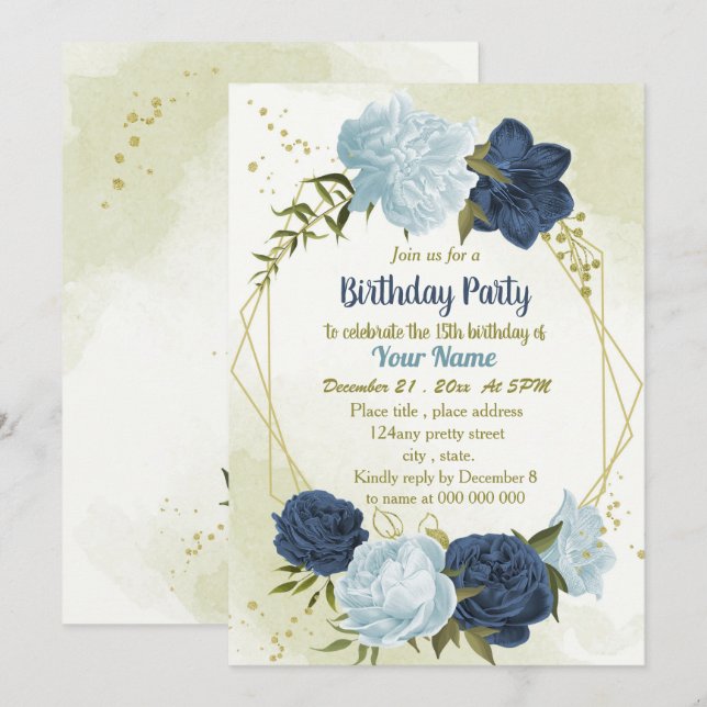Invitation marine bleu poussiéreux fleurs vert feuilles anniv (Devant / Derrière)