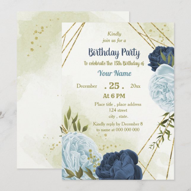 Invitation marine bleu poussiéreux fleurs vert feuilles anniv (Devant / Derrière)