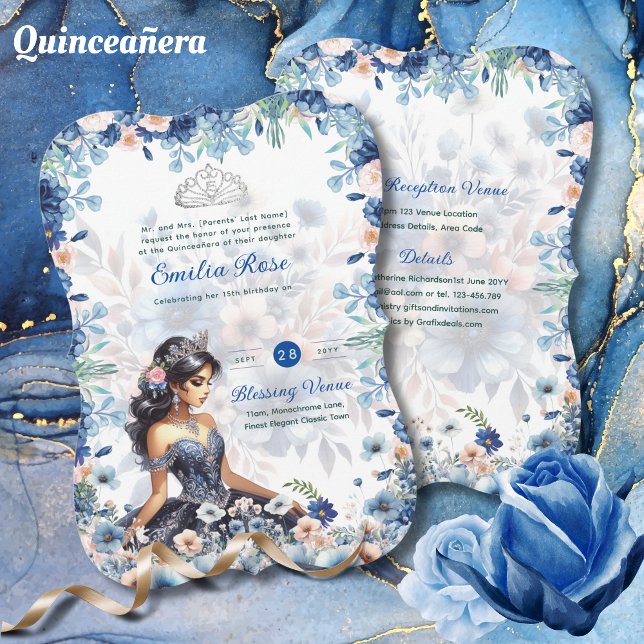 Invitation Marine bleu Quinceanera robe Roses floraux (Créateur téléchargé)