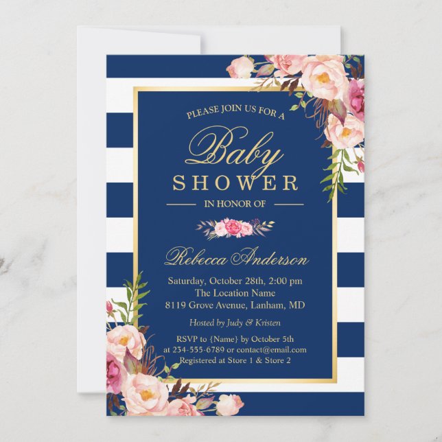 Invitation Marine Bleu rayures rose Floral Classal Baby showe (Devant)