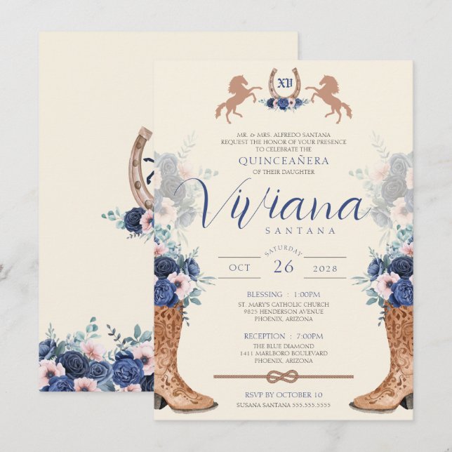 Invitation Marine Bleu rose Floral Ouest Charro Quinceanera I (Devant / Derrière)