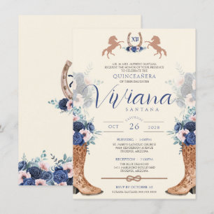 Invitation Marine Bleu rose Floral Ouest Charro Quinceanera I
