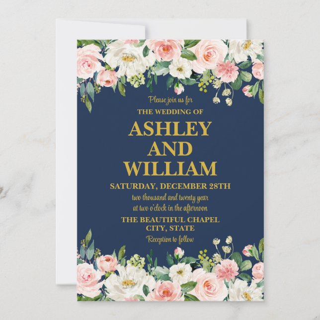Invitation Marine bleu rose or Boho Bohème Bohème Mariage de  (Devant)